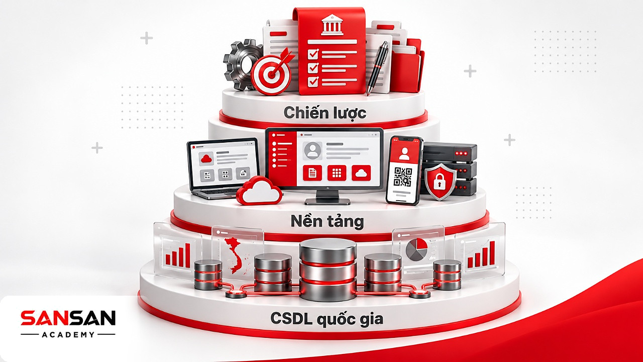 Kim tự tháp chính phủ số tại Việt Nam với dữ liệu quốc gia ở đáy, nền tảng dịch vụ và chiến lược ở đỉnh
