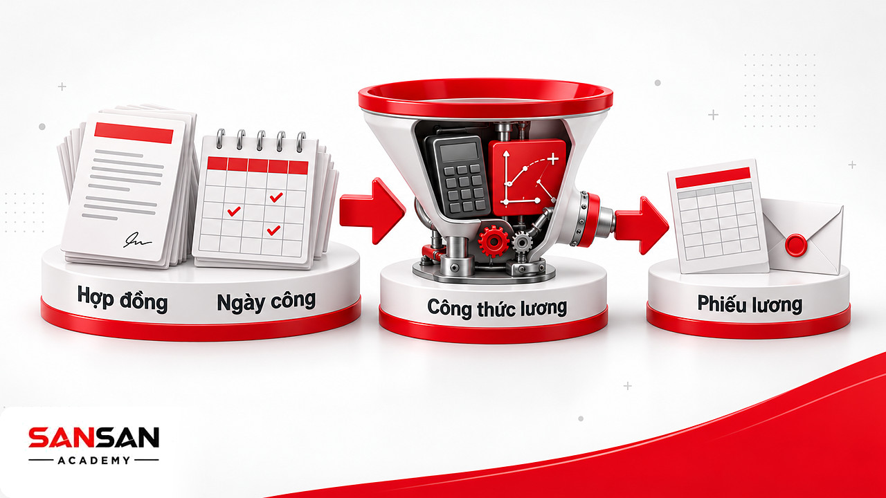 Phễu biến đổi hợp đồng và ngày công qua công thức thành phiếu lương trong phần mềm nhân sự