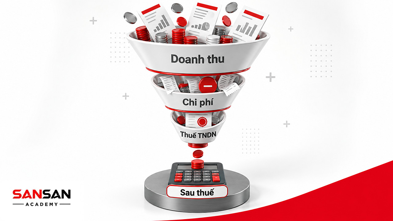 Phễu ba tầng từ doanh thu, trừ chi phí rồi trừ thuế TNDN để còn lại lợi nhuận sau thuế ở đáy phễu