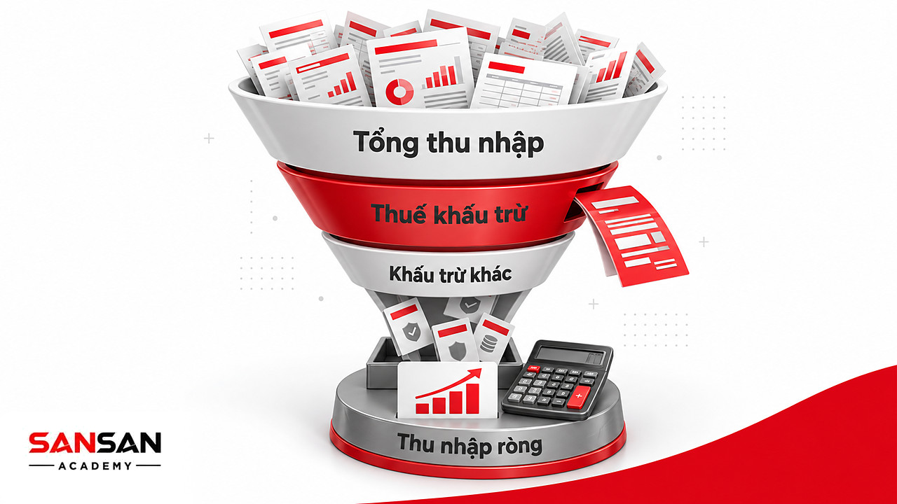 Phễu ba tầng lấy tổng thu nhập trừ thuế, bảo hiểm và chi phí, đầu ra là thẻ thu nhập ròng màu đỏ