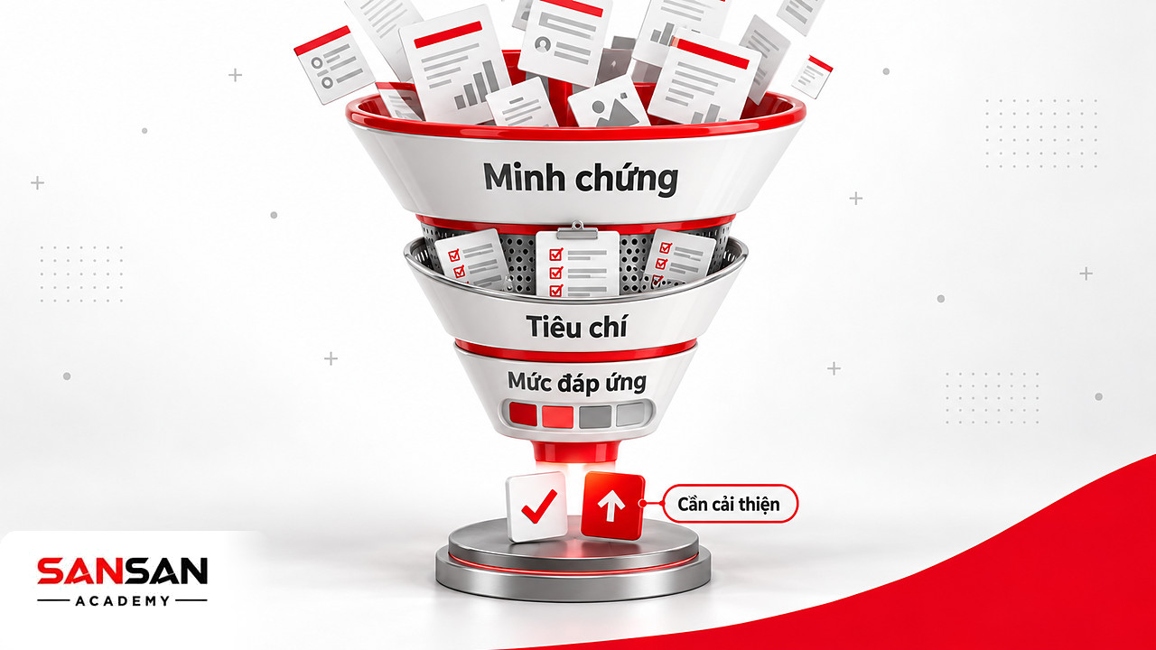 Phễu gom minh chứng công việc, lọc qua bảng tiêu chí và thang mức, cho ra kết quả đánh giá năng lực