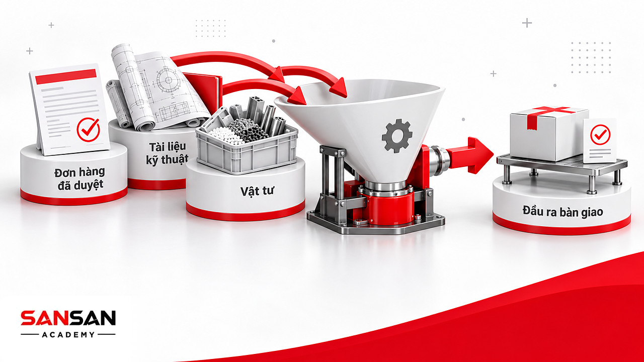 Phễu biến đổi đơn hàng, tài liệu kỹ thuật và vật tư thành đầu ra bàn giao của quy trình sản xuất
