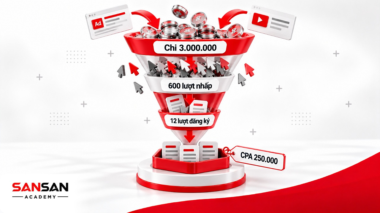 Phễu đo lường chiến dịch SEM chi 3.000.000 đồng, 600 lượt nhấp, 12 lượt đăng ký và 250.000 đồng mỗi đăng ký