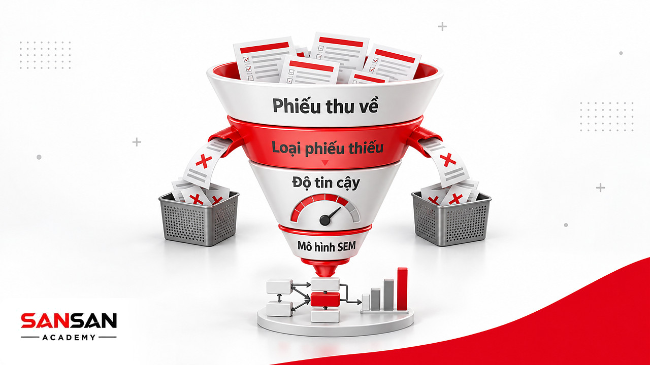 Phễu dữ liệu khảo sát mô hình TAM: loại phiếu thiếu, kiểm tra độ tin cậy rồi kiểm định bằng SEM