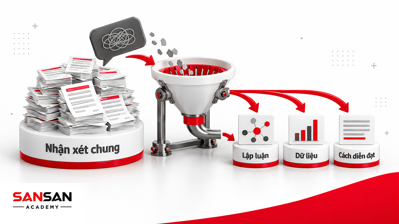 Phễu làm rõ nhận xét chung thành vấn đề về lập luận, dữ liệu và cách diễn đạt theo Growth Mindset