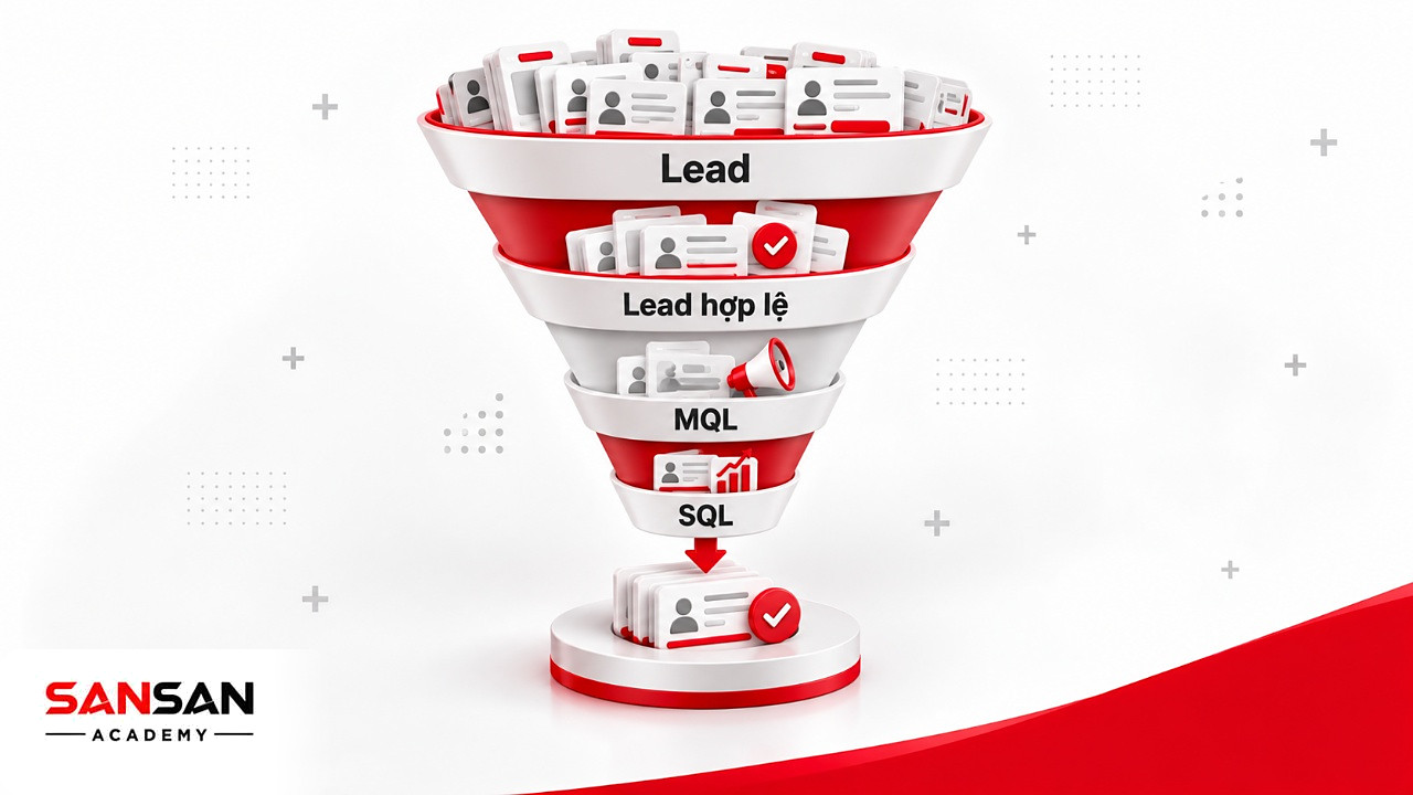 Phễu bốn tầng Lead, Lead hợp lệ, MQL và SQL cho thấy CPL thấp chưa chắc tạo khách hàng tốt