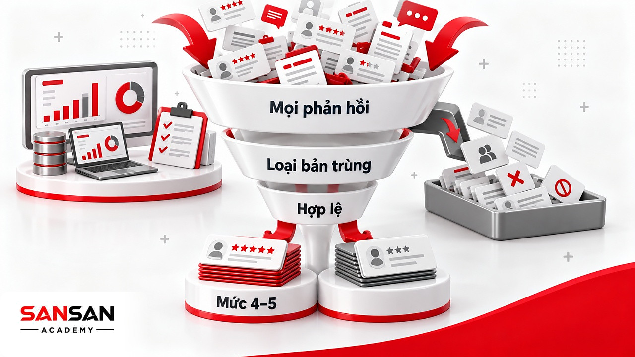Phễu ba tầng lọc phản hồi trùng và thử nghiệm, giữ phản hồi hợp lệ gồm nhóm 4–5 và nhóm 1–3 để tính CSAT