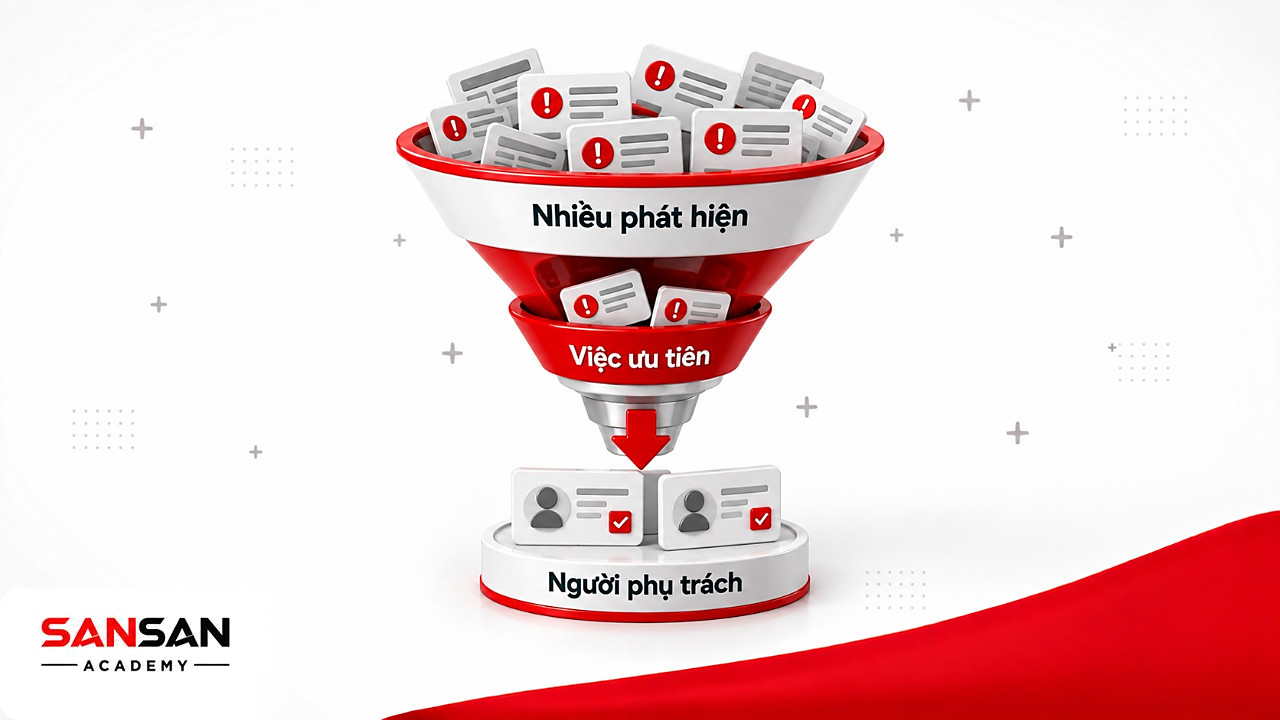 Phễu lọc danh sách phát hiện Gemba thành vài việc ưu tiên có người phụ trách rõ ràng