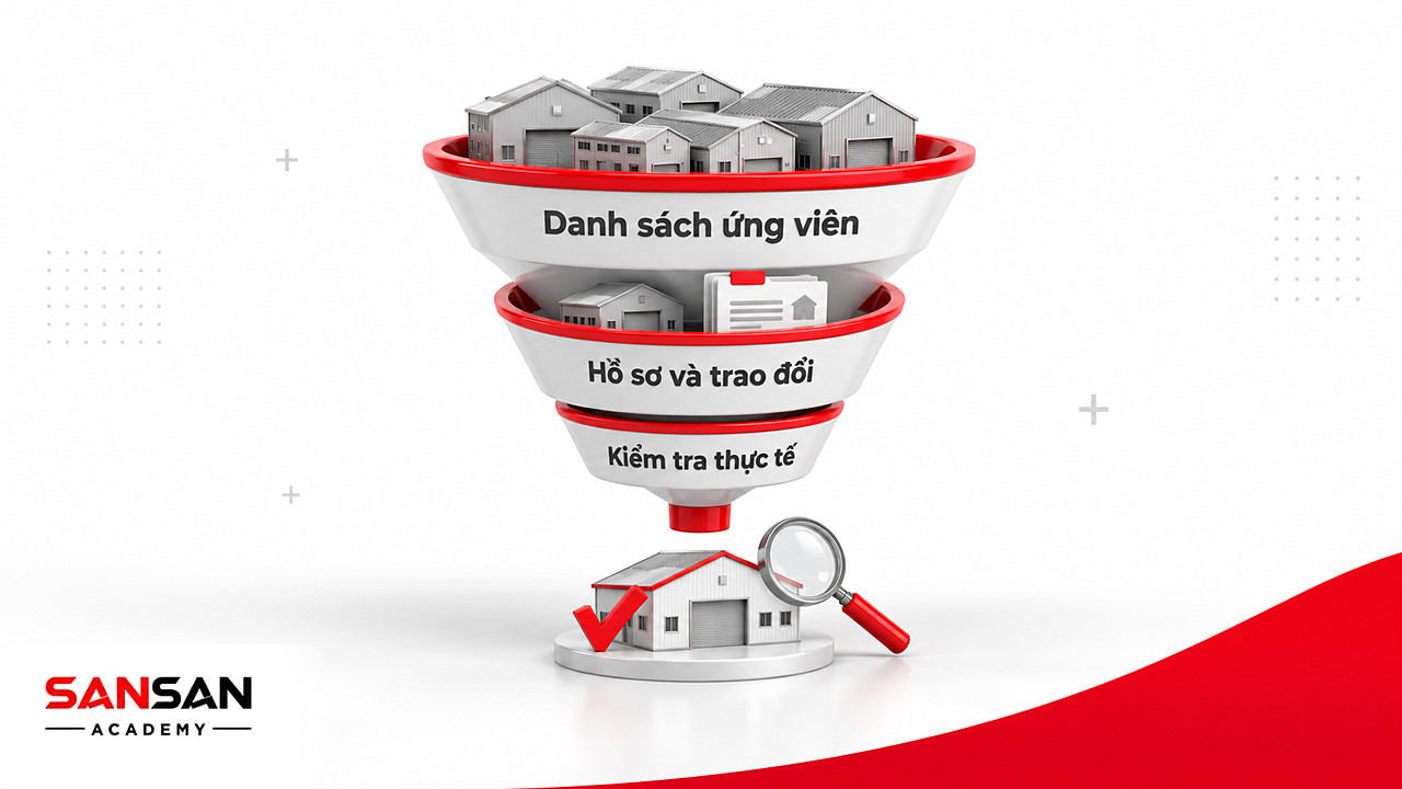 Phễu lựa chọn nhà phân phối qua danh sách ứng viên, hồ sơ và trao đổi rồi kiểm tra thực tế