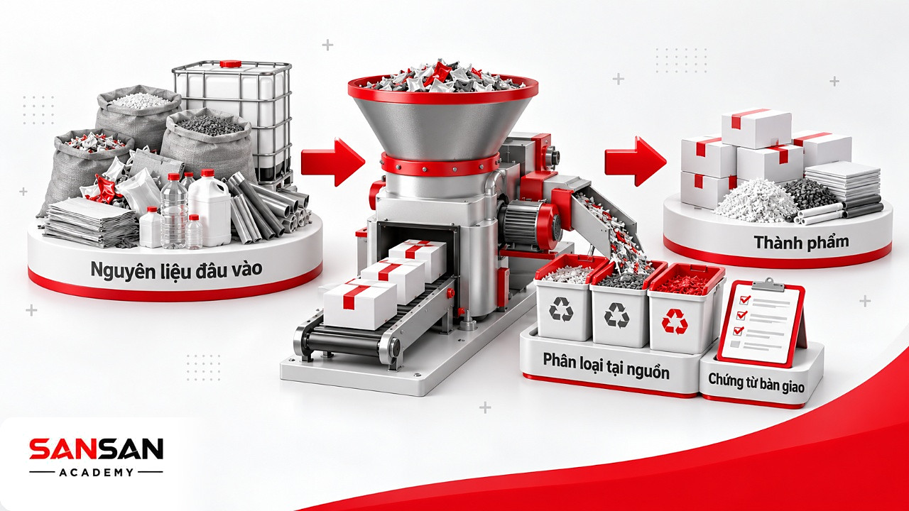 Phễu tách nguyên liệu thành thành phẩm và phế liệu phân loại, có chứng từ bàn giao, theo hướng kinh tế xanh