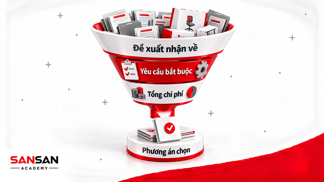 Phễu sàng lọc đề xuất vendor qua kiểm tra mẫu và yêu cầu bắt buộc trước khi so sánh tổng chi phí