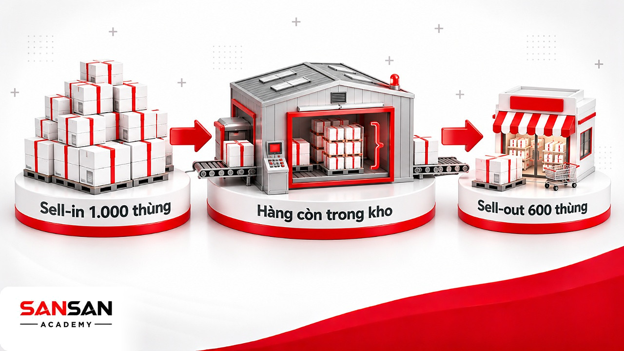 Nhà phân phối nhận 1.000 thùng sell-in và bán ra 600 thùng sell-out, phần còn lại nằm trong kho