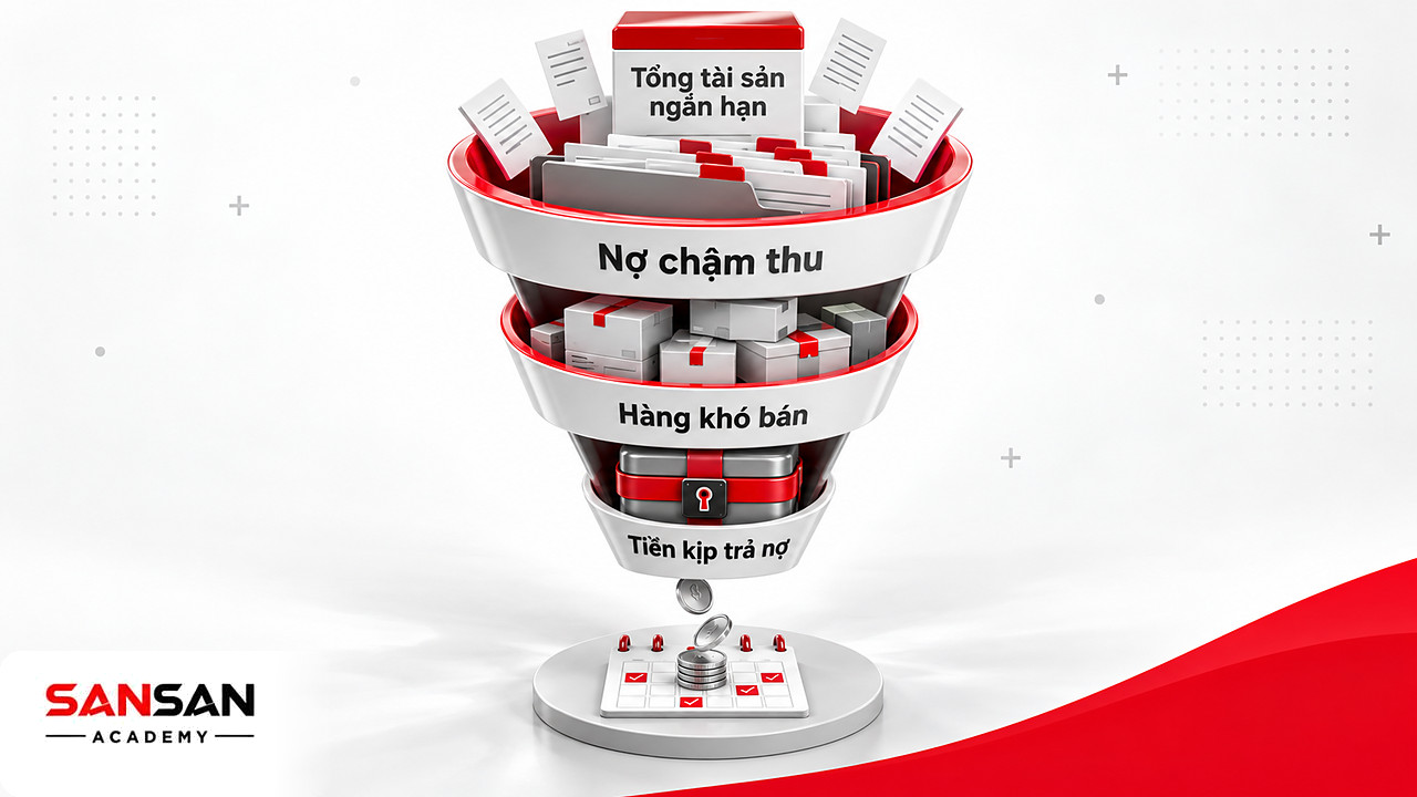 Phễu nhiều tầng lọc tổng tài sản ngắn hạn qua nợ chậm thu, hàng khó bán còn lại tiền kịp trả nợ