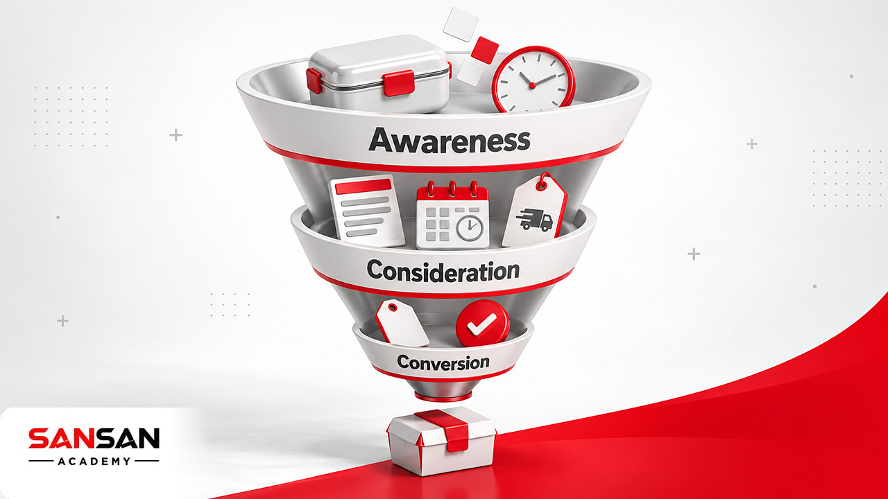 Phễu hành trình khách hàng với thông điệp khác nhau ở giai đoạn Awareness, Consideration và Conversion