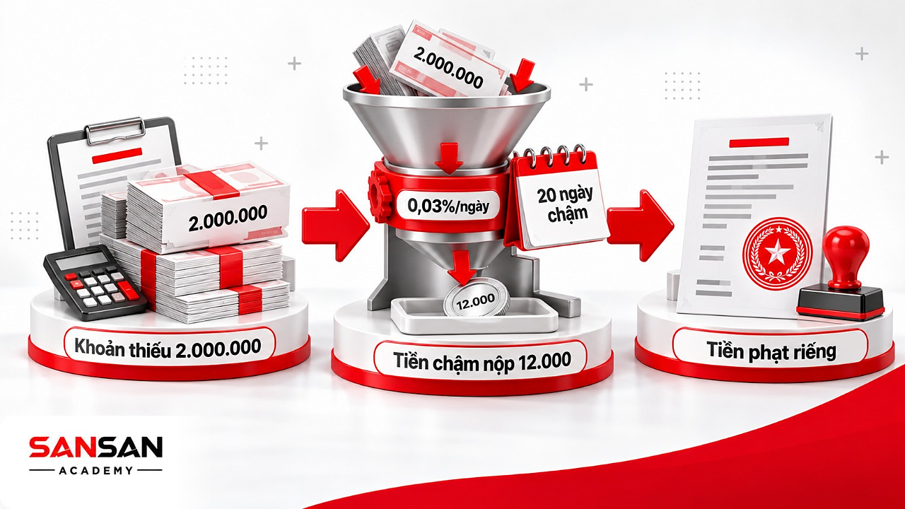 Phễu tính tiền chậm nộp thuế môn bài: 2.000.000 đồng chậm 20 ngày ra 12.000 đồng, tiền phạt nằm riêng