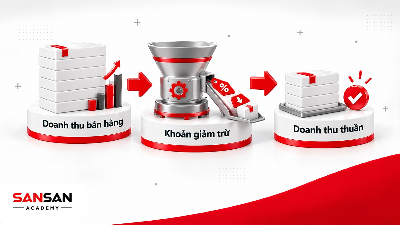 Phễu biến đổi doanh thu bán hàng trừ chiết khấu, giảm giá và hàng trả lại để ra doanh thu thuần