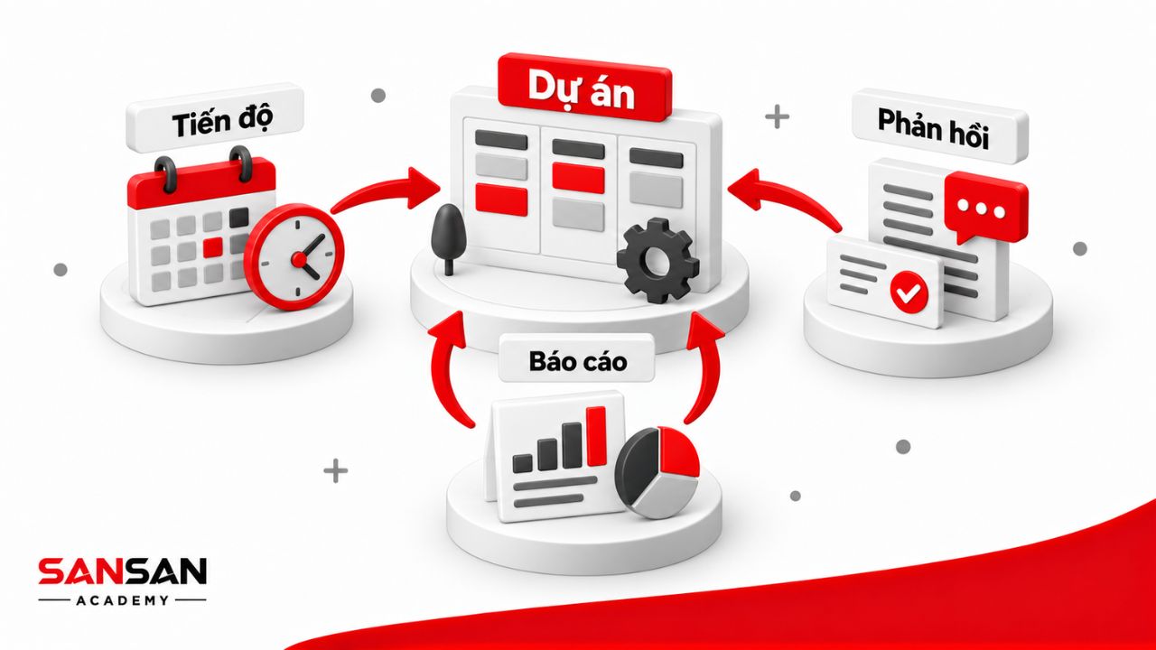 Tiến độ, phản hồi và báo cáo liên kết trong quy trình dự án