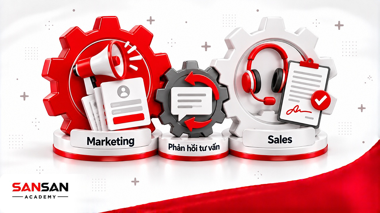 Bánh răng phòng Marketing và Sales ăn khớp qua bánh răng phản hồi kết quả tư vấn khách hàng