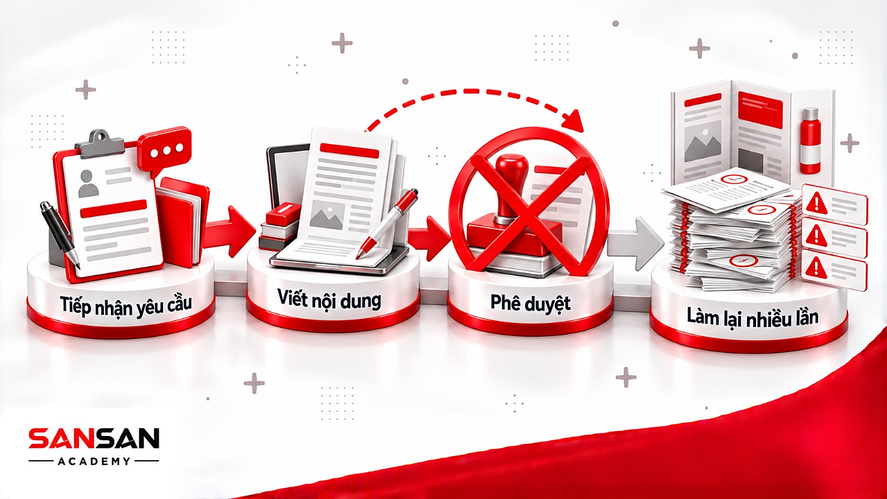 Mũi tên nét đứt nhảy qua bước phê duyệt khiến tài liệu làm lại nhiều lần trong quy trình phòng Marketing