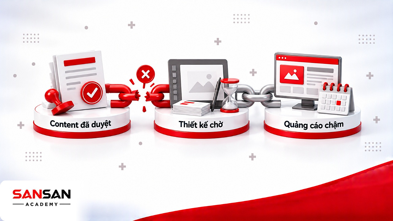 Chuỗi mắt xích đứt giữa Content và thiết kế làm quảng cáo chậm trong mô hình chức năng của phòng Marketing