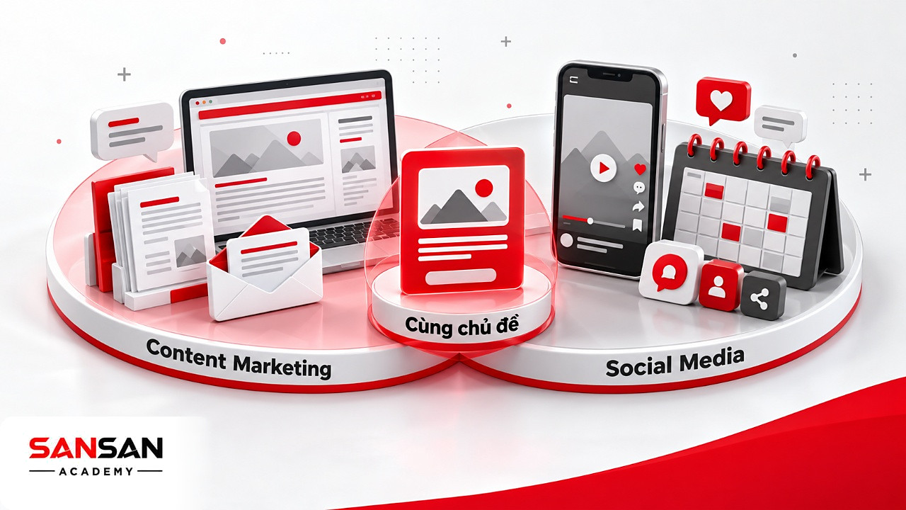 Hai vòng giao nhau giữa Content Marketing và Social Media chung một thẻ chủ đề trong phòng Marketing