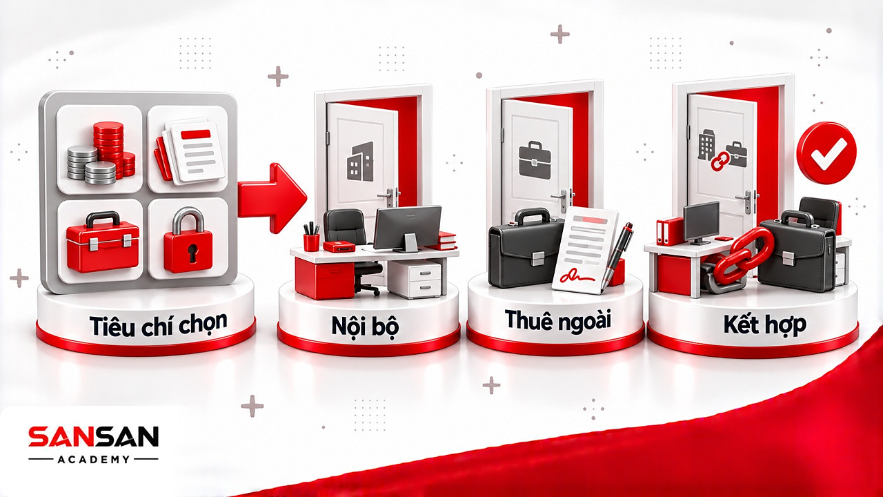 Ba cánh cửa nội bộ, thuê ngoài và kết hợp trước bảng tiêu chí chọn cách tổ chức phòng Marketing