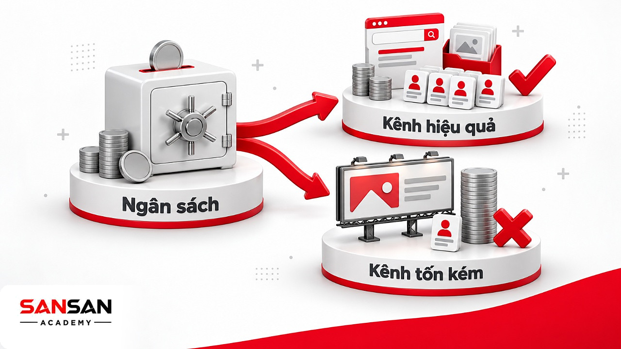 Két ngân sách tỏa ra ba kênh, một kênh tốn kém bị gạch đỏ, minh họa phòng Marketing phân bổ ngân sách
