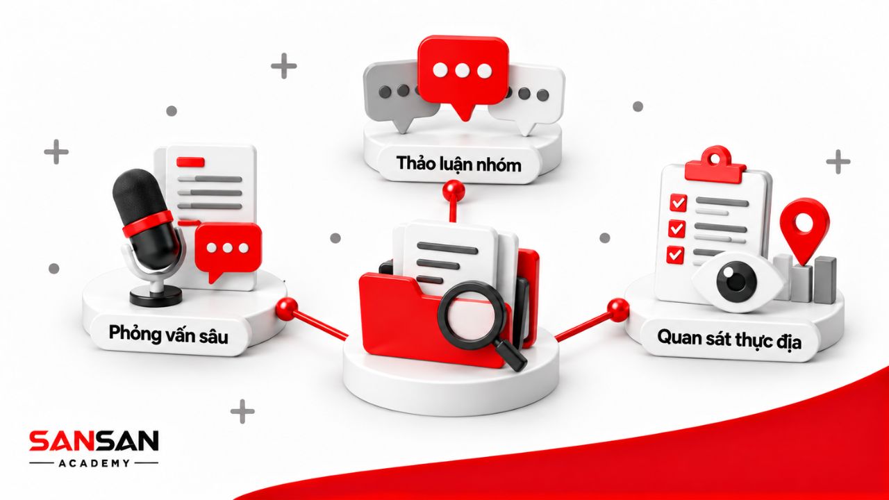 Ba phương pháp thu thập thông tin qua phỏng vấn, thảo luận và quan sát.