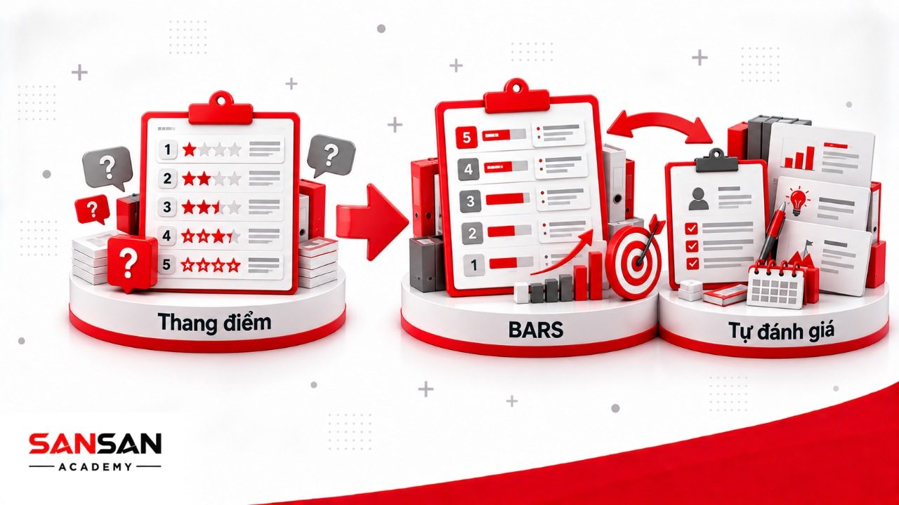 Phương pháp đánh giá hiệu suất bằng thang điểm, BARS và tự đánh giá với hành vi quan sát và bằng chứng công việc cụ thể.
