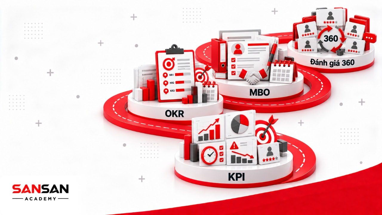 Các phương pháp đánh giá hiệu suất nhân viên gồm KPI, OKR, MBO và đánh giá 360 độ theo mục tiêu và nguồn dữ liệu khác nhau.