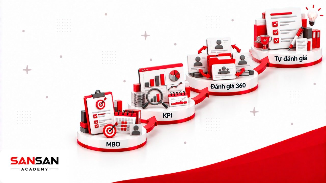 Các phương pháp đánh giá nhân viên gồm MBO, KPI, 360 độ và tự đánh giá kết quả công việc.
