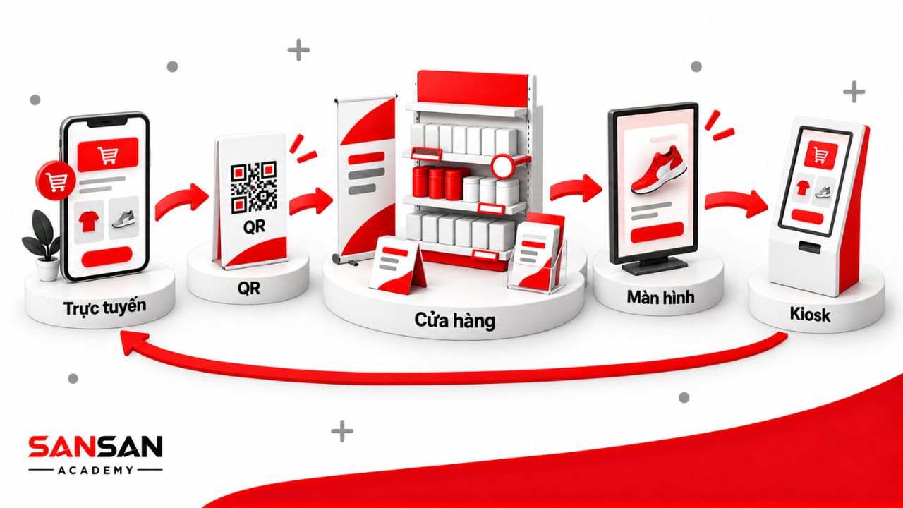 Kết nối trực tuyến, QR, cửa hàng, màn hình và kiosk trong POSM số