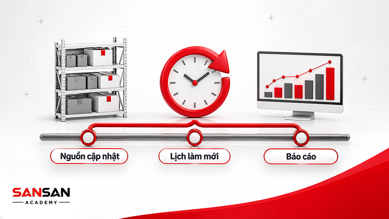 Dòng thời gian từ nguồn cập nhật, lịch làm mới tới báo cáo tồn kho trên Power BI