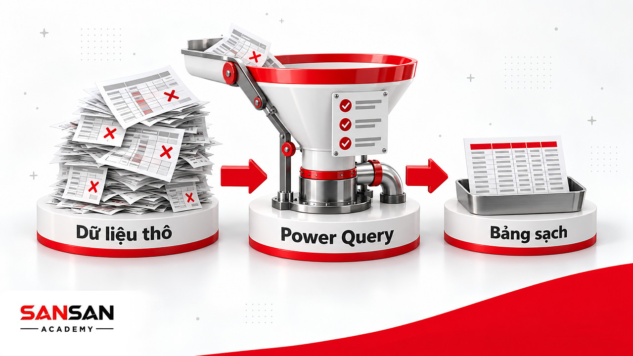 Dữ liệu thô có dòng trùng đi qua Power Query thành bảng sạch trước khi đưa vào mô hình Power BI