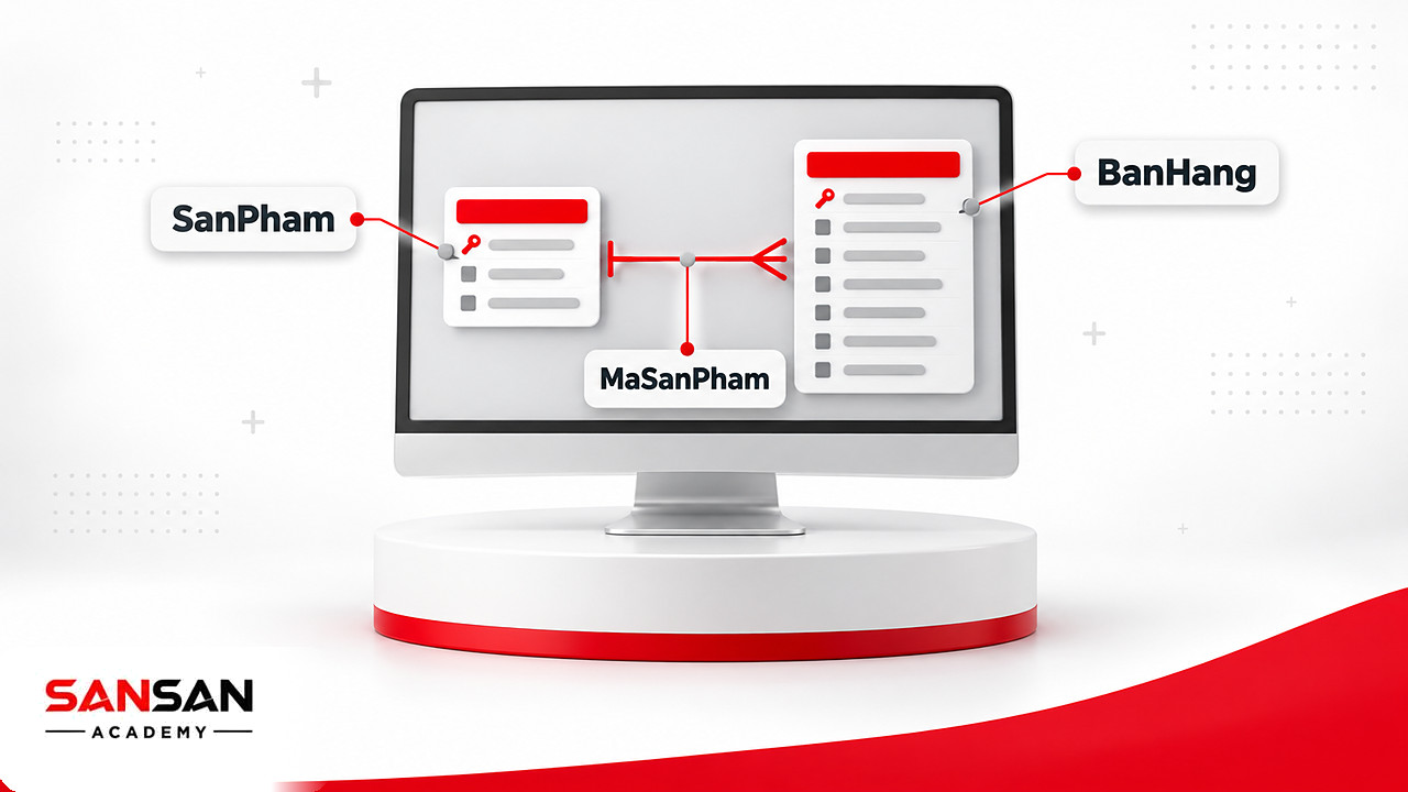 Quan hệ một-nhiều giữa bảng SanPham và BanHang qua cột MaSanPham trong Model view của Power BI