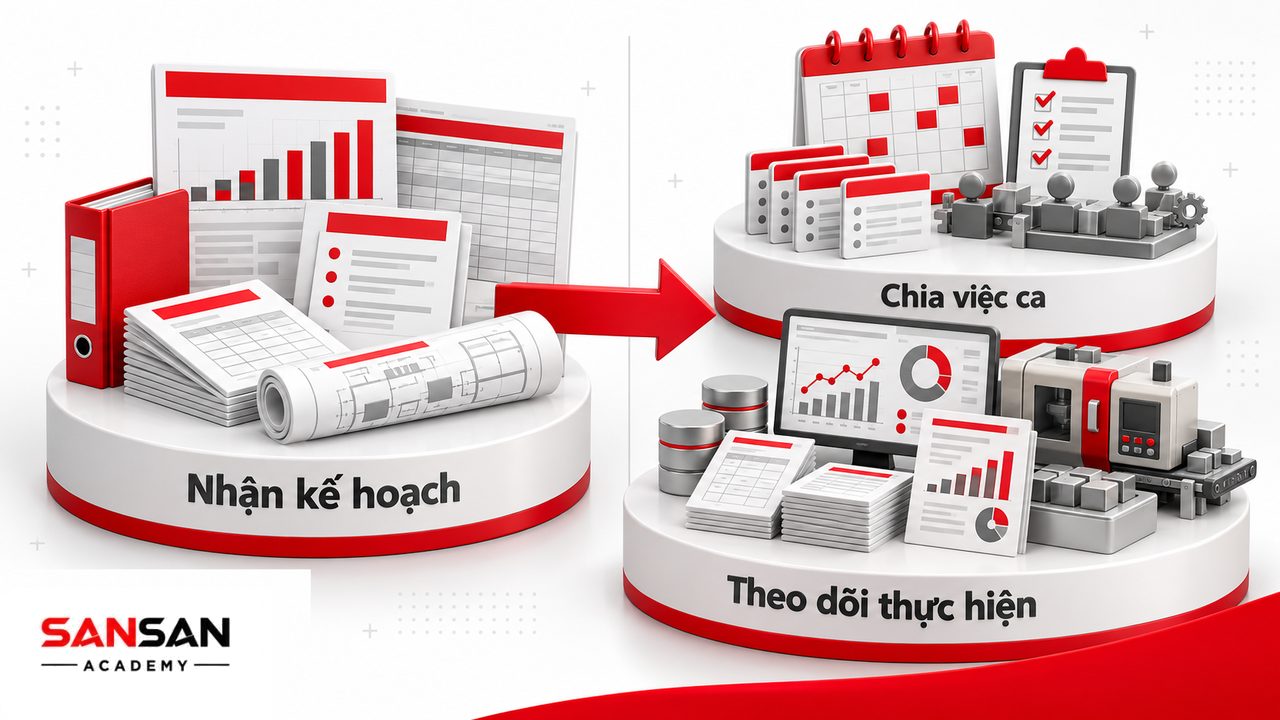 Quản đốc kết nối kế hoạch sản xuất cấp trên với công việc cụ thể của ca, tổ và dây chuyền tại phân xưởng.