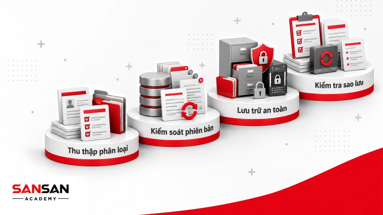 Cách quản lý hồ sơ nhân sự từ thu thập, phân loại, cập nhật phiên bản đến lưu trữ giấy điện tử, kiểm tra và sao lưu dữ liệu.
