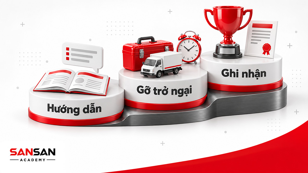 Ba bậc thang với sổ hướng dẫn, hộp dụng cụ cạnh xe giao hàng và cúp đỏ, minh họa chức năng lãnh đạo trong quản trị
