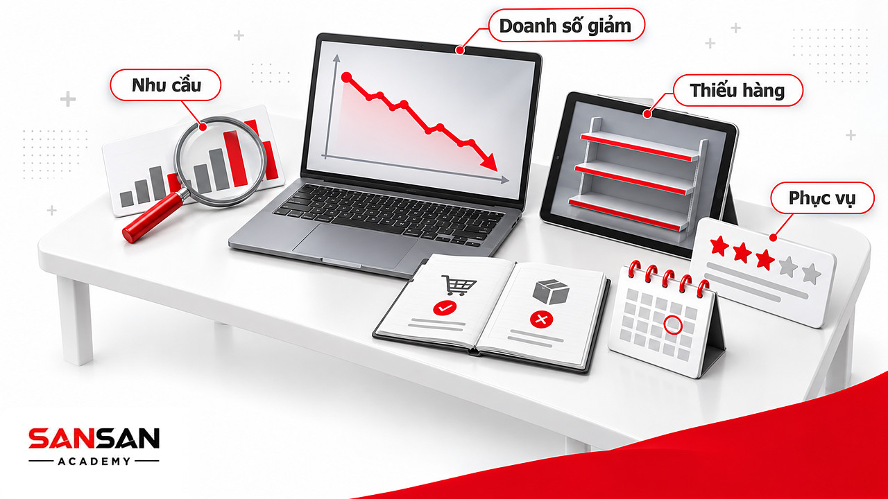 Bàn làm việc có laptop báo doanh số giảm, kính lúp, thẻ nhu cầu, tồn kho và đánh giá phục vụ cho quyết định quản trị