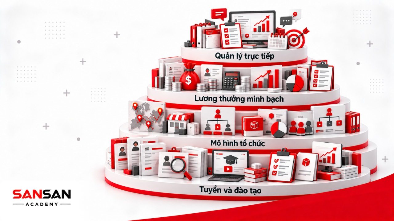 Quản trị lực lượng bán hàng gồm thiết kế cơ cấu, tuyển đào tạo, xây chính sách lương thưởng và quản lý trực tiếp đội ngũ sales.