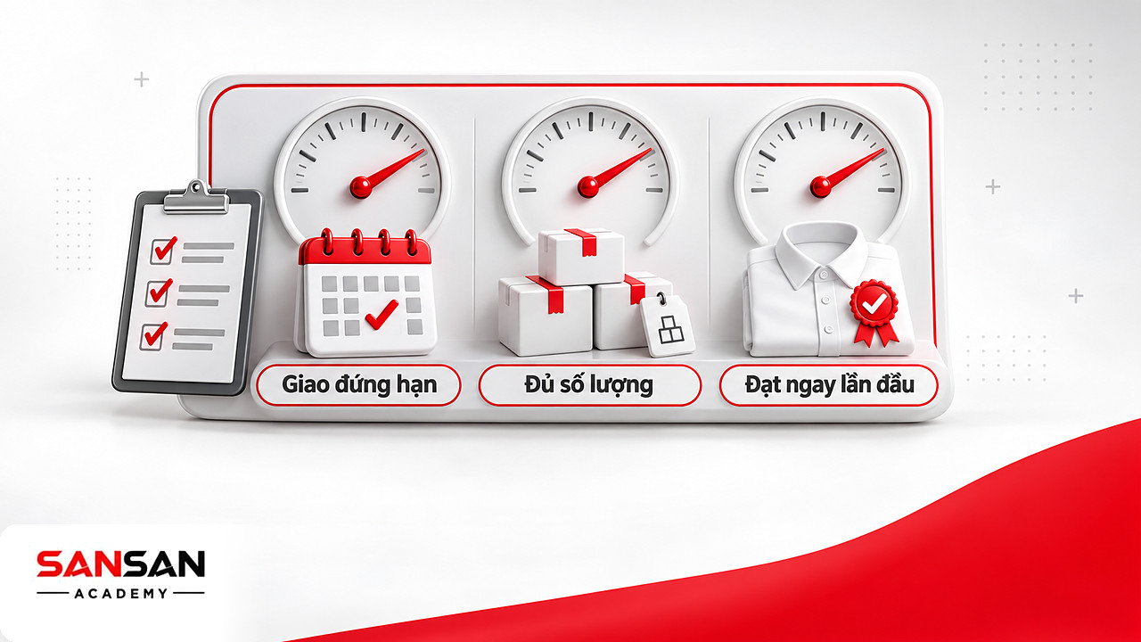 Bảng đồng hồ ba chỉ tiêu giao đúng hạn, đủ số lượng và đạt ngay lần đầu để đánh giá quản trị sản xuất