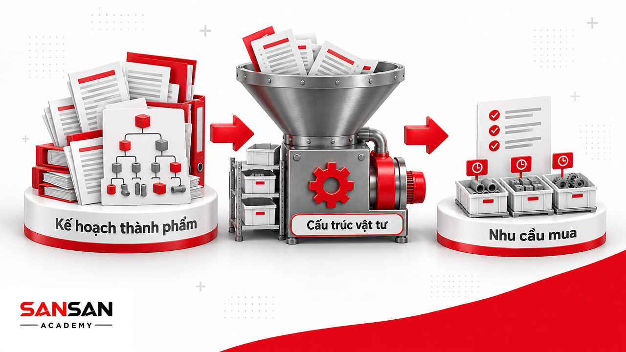 MRP biến kế hoạch thành phẩm và cấu trúc vật tư thành nhu cầu mua đúng lúc trong quản trị sản xuất