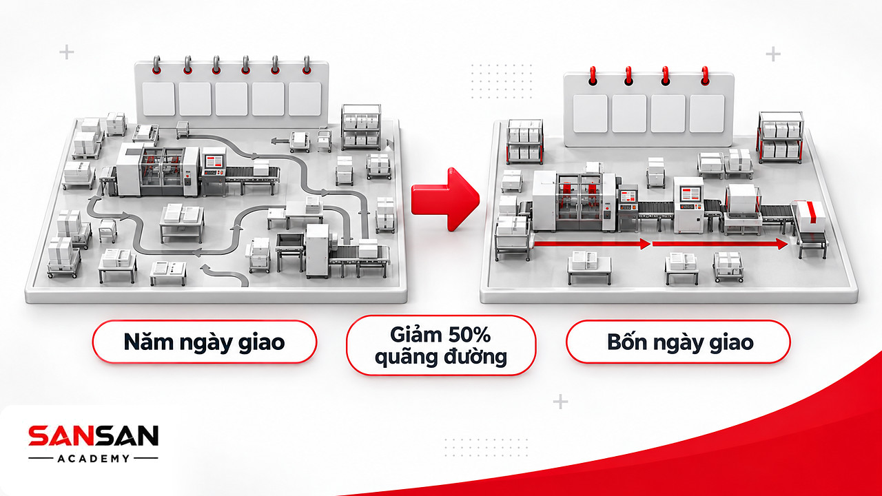 Trước và sau cải tiến mặt bằng đóng gói: quãng đường giảm 50%, giao hàng từ năm còn bốn ngày nhờ quản trị sản xuất