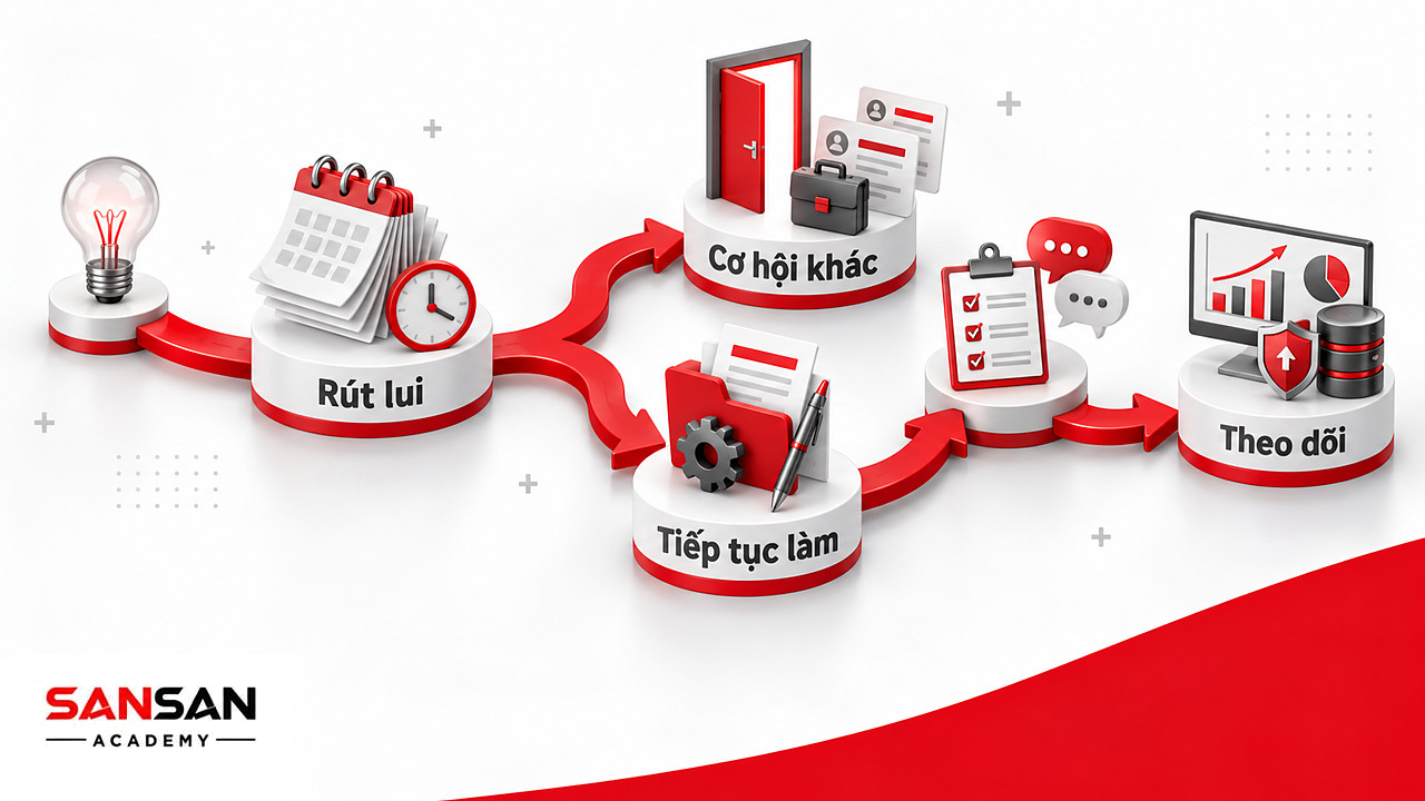 Đường đi có ngã rẽ giữa cửa thoát và thỏa thuận phạm vi, cho thấy quiet quitting không nhất thiết dẫn đến nghỉ việc.