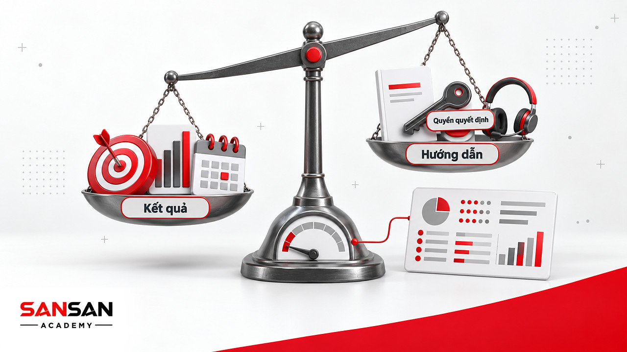Cán cân lệch về phía kết quả, bên kia là sổ hướng dẫn và chìa khóa quyền quyết định còn quá nhẹ.