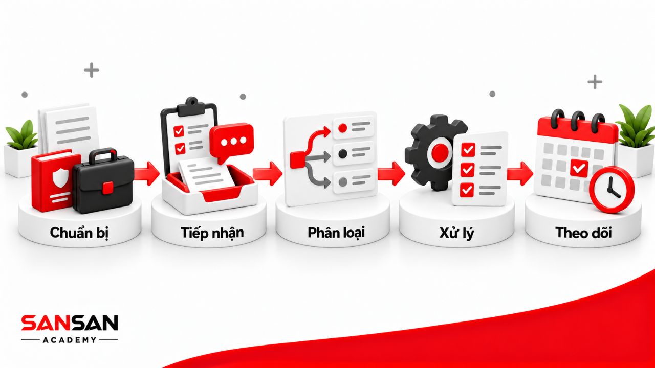 Dòng thời gian gồm chuẩn bị, tiếp nhận, phân loại, xử lý và theo dõi yêu cầu khách hàng