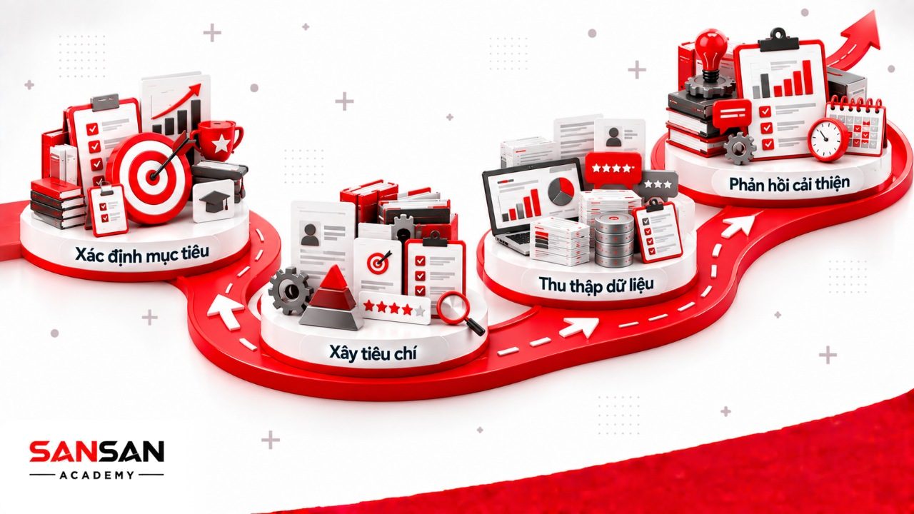 Quy trình đánh giá nhân viên từ xác định mục tiêu, xây tiêu chí và phương pháp đến thu thập dữ liệu, phản hồi và kế hoạch cải thiện.