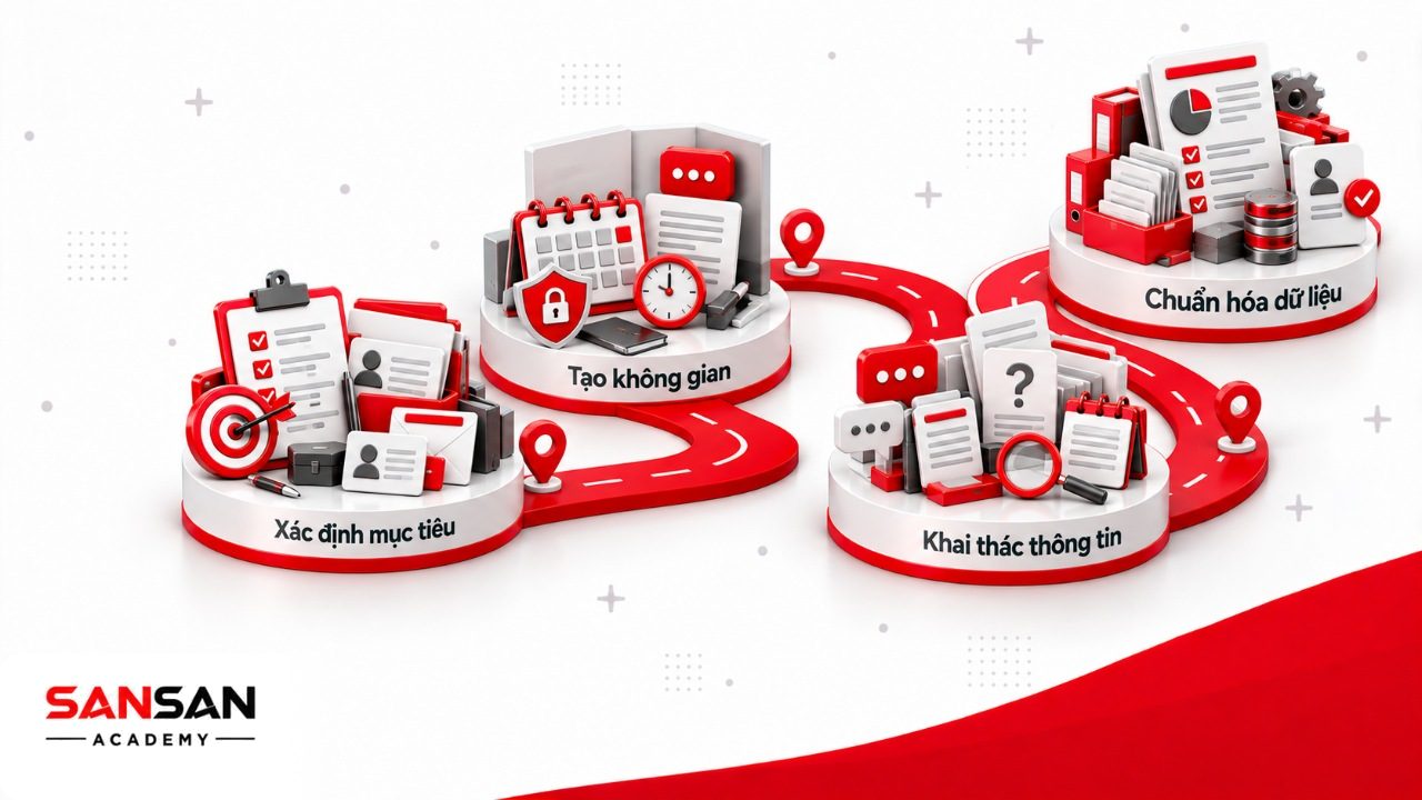 Quy trình Exit Interview từ xác định mục tiêu, chọn người phỏng vấn, tạo không gian trao đổi đến ghi nhận và chuẩn hóa dữ liệu.