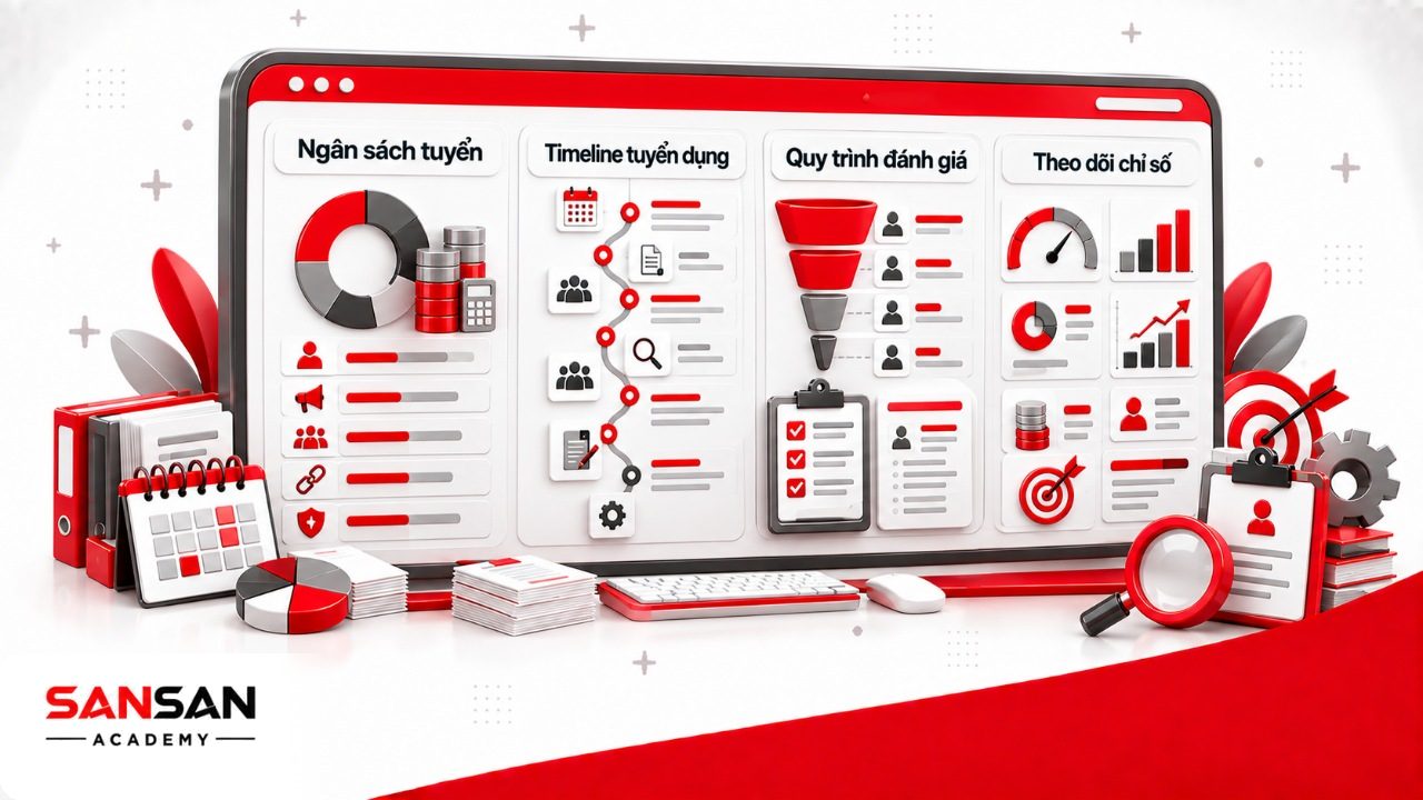 Quy trình kế hoạch tuyển dụng về ngân sách, timeline, vòng đánh giá, người phụ trách và chỉ số theo dõi kết quả tuyển dụng.