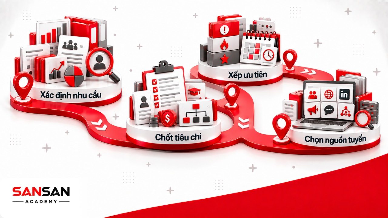 Quy trình kế hoạch tuyển dụng từ xác định nhu cầu, số lượng, yêu cầu ứng viên và mức ưu tiên đến lựa chọn nguồn tuyển phù hợp.